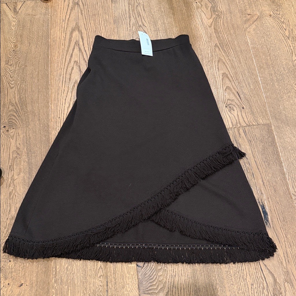 St. John Sport Santana Knit Tasseled Hem Wool Faux Wrap Skirt Brown Med